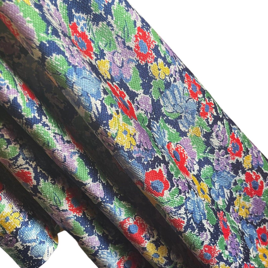Original 1930's Crepe Floral Dressmaking Fabric in Navy Blue with Red, Yellow, Green , White and Purple Flowers - 34