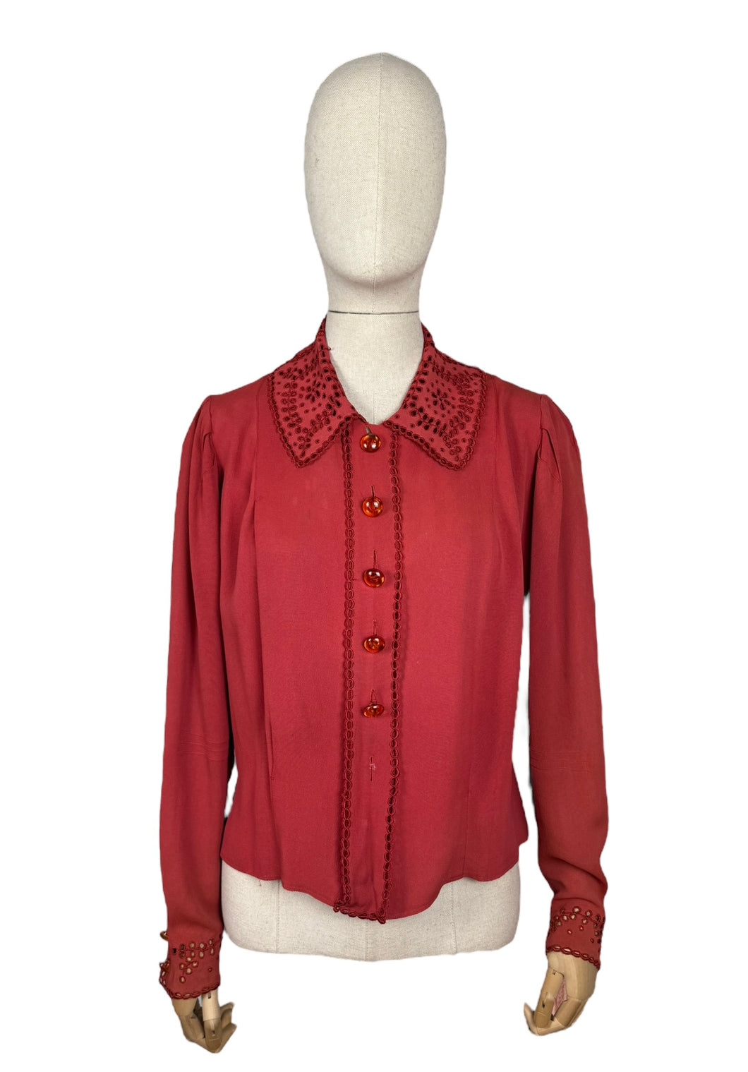 Original 1930's Rust Long Sleeved Crepe Blouse with Broderie Anglaise Trim - Bust 38 40