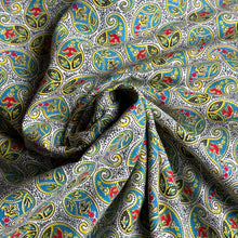 Load image into Gallery viewer, Original 1930&#39;s 1940&#39;s White, Black, Blue, Red and Yellow Paisley Print Cotton Dressmaking Fabric - 34&quot; x 176&quot;
