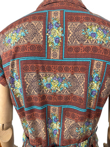 Original 1950's Brown, Blue and Green Belted Cotton Day Dress - Bust 36