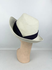 Original 1930's Ivory Felt Fedora Hat with Black Grosgrain Trim