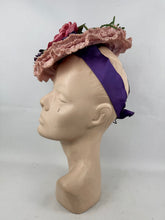 Load image into Gallery viewer, Fabulous Original 1940's New York Creations Pink Ruffle Straw Hat with Purple, Pink and Green Floral Trim
