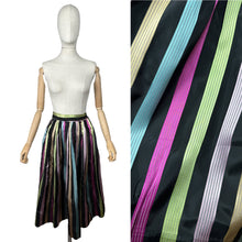 Load image into Gallery viewer, Original 1950&#39;s Black Taffeta Skirt with Stripes in Yellow, Blue, Pink and Green - Waist 24 25
