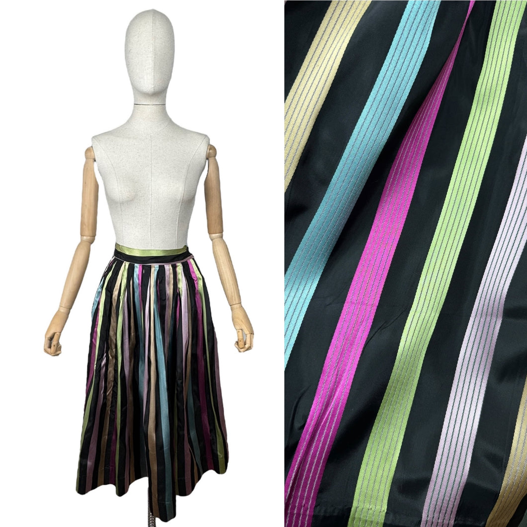Original 1950's Black Taffeta Skirt with Stripes in Yellow, Blue, Pink and Green - Waist 24 25