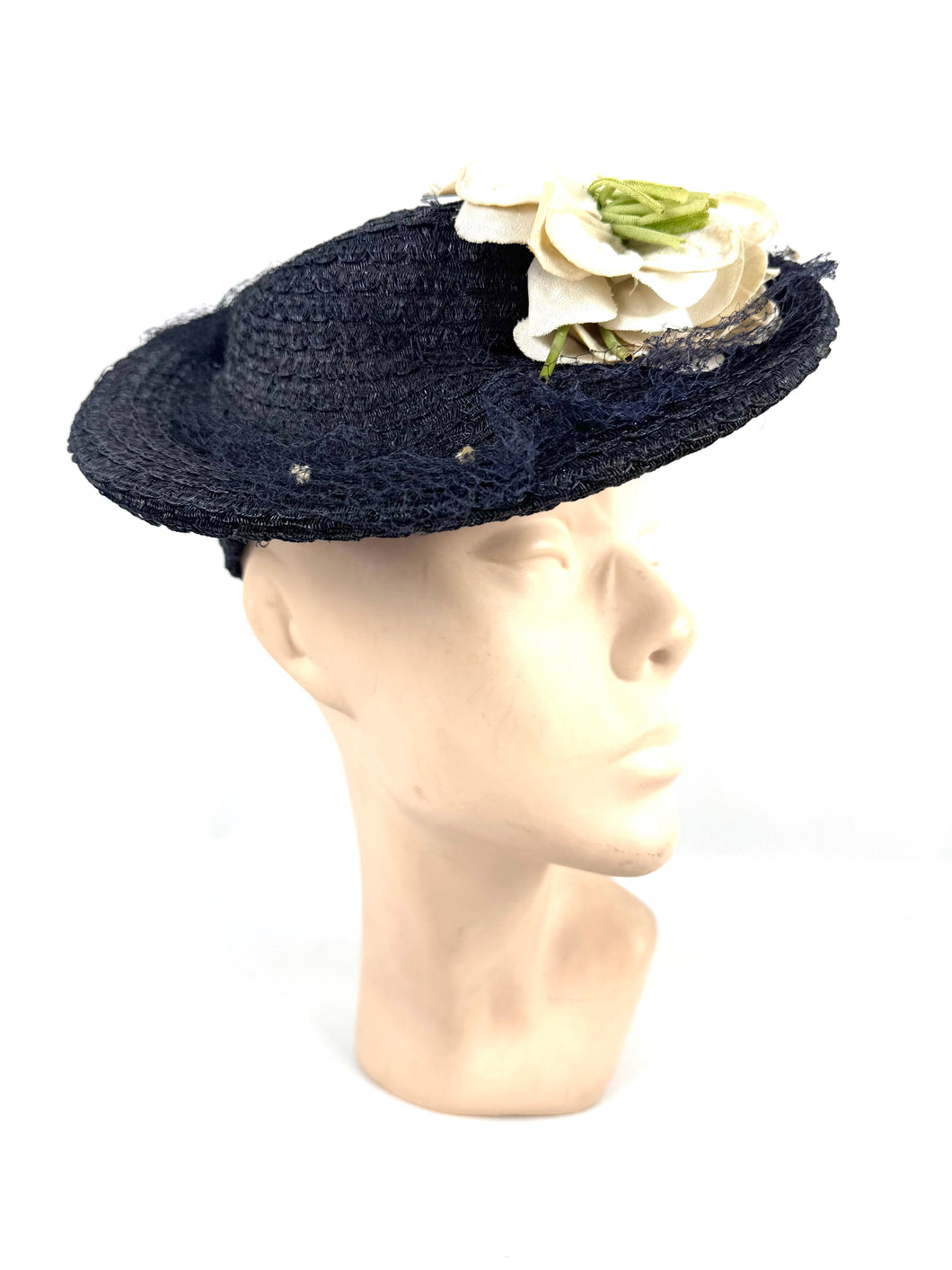Original Late 1930's or Early 1940's Midnight Blue New York Creations Hat with Velvet Flowers and Net Trim