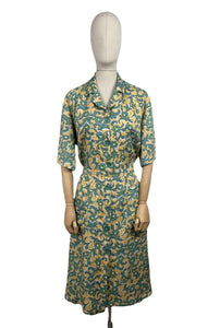 Original 1940's Volup Linen Day Dress in Yellow, Blue, Green and White - Bust 42 44 *