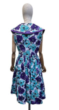 Load image into Gallery viewer, Original 1950's Vibrant Cotton Day Dress in Purple, Blue and White - Bust 36
