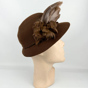 Vintage Warm Brown Felt Hat with Rounded Crown and Large Feather Trim