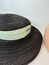 Load image into Gallery viewer, Original Late 1940's Black Straw Hat with Seafoam Green Grosgrain Trim *
