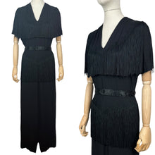 Load image into Gallery viewer, Original 1940&#39;s B Altman New York Full Length Black Crepe Evening Dress with Fringe Detail - Bust 36 38
