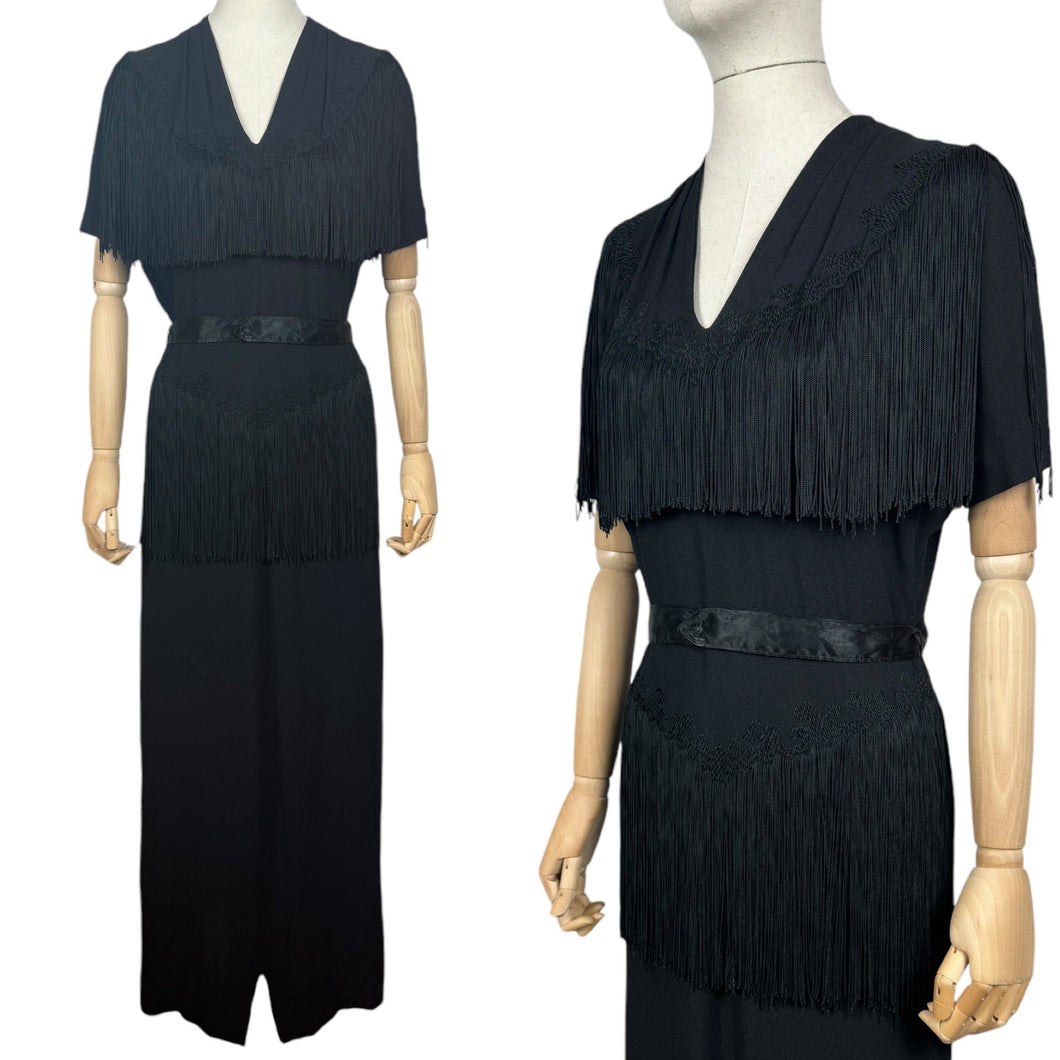 Original 1940's B Altman New York Full Length Black Crepe Evening Dress with Fringe Detail - Bust 36 38