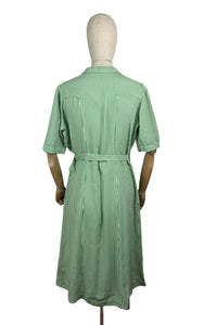 Original 1940's White and Green Candy Stripe Heavy Linen Button Front Belted Day Dress - Bust 40 42 *