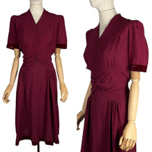 Load image into Gallery viewer, Original 1940's Burgundy Crepe and Velvet Belted Day Dress - Bust 36 38
