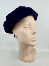 Load image into Gallery viewer, Original 1950's Cotton Velvet hat in Rich Purple with Tassel Trim
