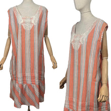 Load image into Gallery viewer, Original 1920&#39;s Volup Stripe Cotton and Lace Dress in White, Black and Orange - Bust 46
