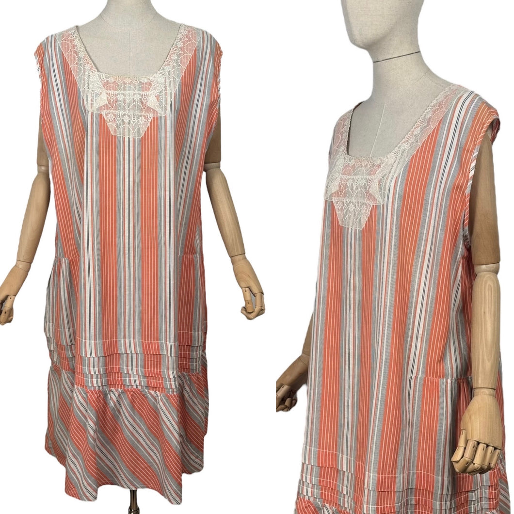 Original 1920's Volup Stripe Cotton and Lace Dress in White, Black and Orange - Bust 46