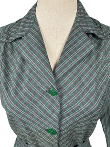 RESERVED FOR KATRINA - DO NOT BUY Original 1940’s Green and Grey Plaid Cotton Long Sleeved Belted Chore Dress with Pockets - Bust 38