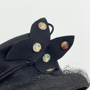 Incredible Original 1930's 1940's Black Felt Topper Hat with Net, Glass Beads and Butterfly Trim *