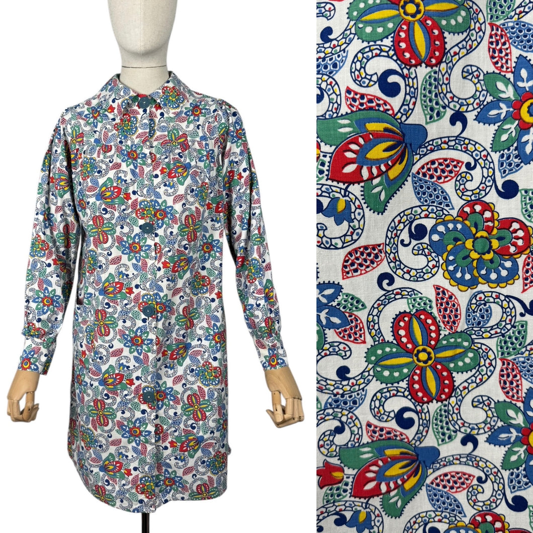 Original 1930's Crisp White Cotton Smock with Vibrant Floral Print in Blue, Green, Red and Yellow - Bust 34 36 38