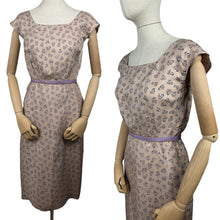 Load image into Gallery viewer, Original 1950&#39;s Pure Silk Squirrel Novelty Print Belted Wiggle Dress in Taupe and Purple - Bust 36
