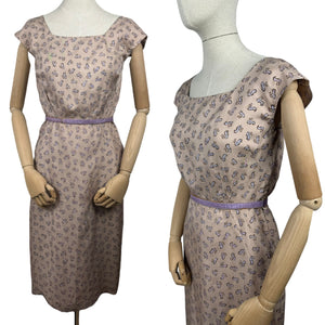 Original 1950's Pure Silk Squirrel Novelty Print Belted Wiggle Dress in Taupe and Purple - Bust 36