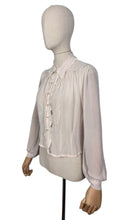 Load image into Gallery viewer, Original 1940&#39;s Semi Sheer Chiffon Crepe Long Sleeved Embroidered Blouse with Faux Pearl Buttons - Bust 36
