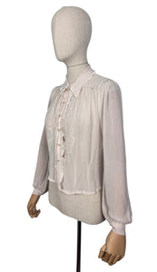 Original 1940's Semi Sheer Chiffon Crepe Long Sleeved Embroidered Blouse with Faux Pearl Buttons - Bust 36