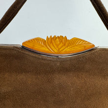 Load image into Gallery viewer, Original 1930's Warm Brown Suede Bag with Amber Coloured Carved Rose Clasp
