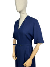 Load image into Gallery viewer, Original 1950&#39;s Dark Blue Moygashel Linen Classic Belted Day Dress by Rembrandt - Great Button Detail - Bust 38 *
