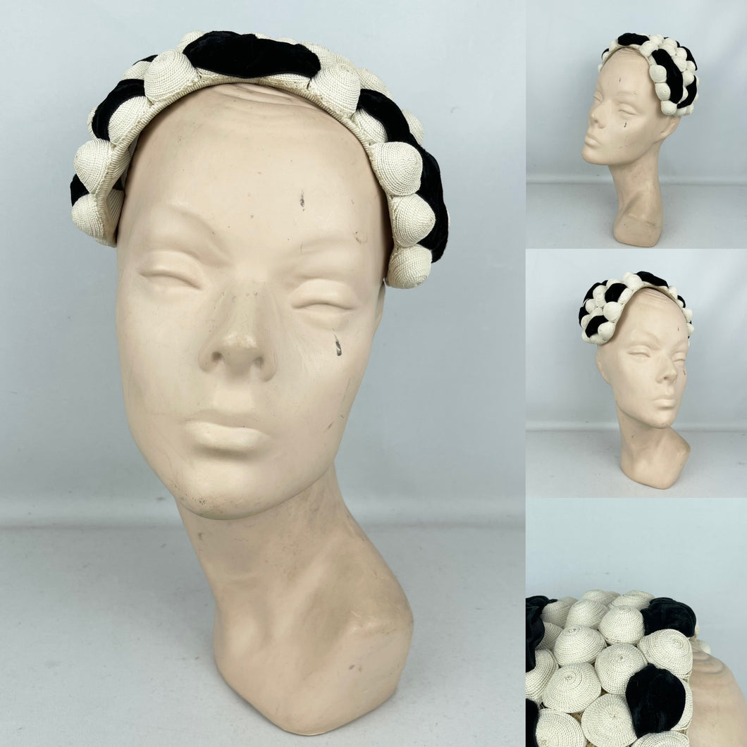 Original 1950's Black and White Straw Bobble Hat with Velvet Trim *