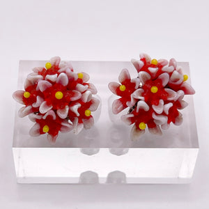 Original 1940's Red, White and Yellow Glass Flower Clip on Earrings