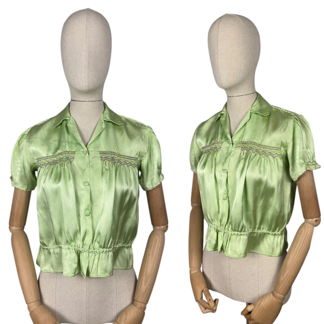 Original 1940’s Pale Green Artificial Silk Blouse with Colourful Smocking Detail - Bust 34 36