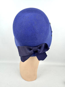 Original 1950's Rich Purple Felt Bonnet Style Hat with Bow Trim and Paste Detail