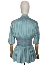 Load image into Gallery viewer, Stunning Original 1930&#39;s Blue Cotton Blouse with Heavy Smocking Detail - Bust 36 38

