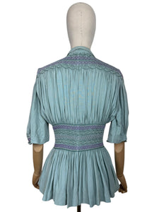 Stunning Original 1930's Blue Cotton Blouse with Heavy Smocking Detail - Bust 36 38