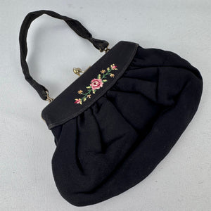 Original 1940's or 1950's Black Crepe Evening Bag with Rose Embroidery