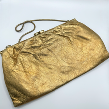 Load image into Gallery viewer, Original 1950&#39;s Soft Gold Leather Evening Bag with Snake Chain and Clear Paste Set Clasp
