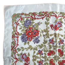 Load image into Gallery viewer, Original 1950&#39;s Pale Pink Rayon Scarf with Red, Purple and Green Floral Print - Great Headscarf
