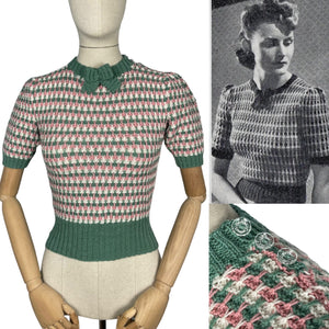 Reproduction 1940's Waffle Stripe Jumper in Slate Green, Pale Pink and White - Bust 33 34 35