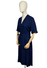 Load image into Gallery viewer, Original 1950&#39;s Dark Blue Moygashel Linen Classic Belted Day Dress by Rembrandt - Great Button Detail - Bust 38 *
