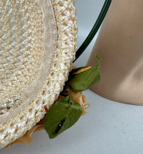 Load image into Gallery viewer, Original 1950&#39;s Cream Lacquered Raffia Hat with Pretty Apricot Rose Trim
