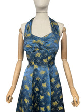 Load image into Gallery viewer, Original 1950&#39;s Blue and Gold Halterneck Cocktail Dress - Bust 36 37 *
