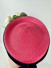 Load image into Gallery viewer, Original 1950's Cherry Red Straw hat with Wide Black Velvet Trim and Cream and White Floral Trim
