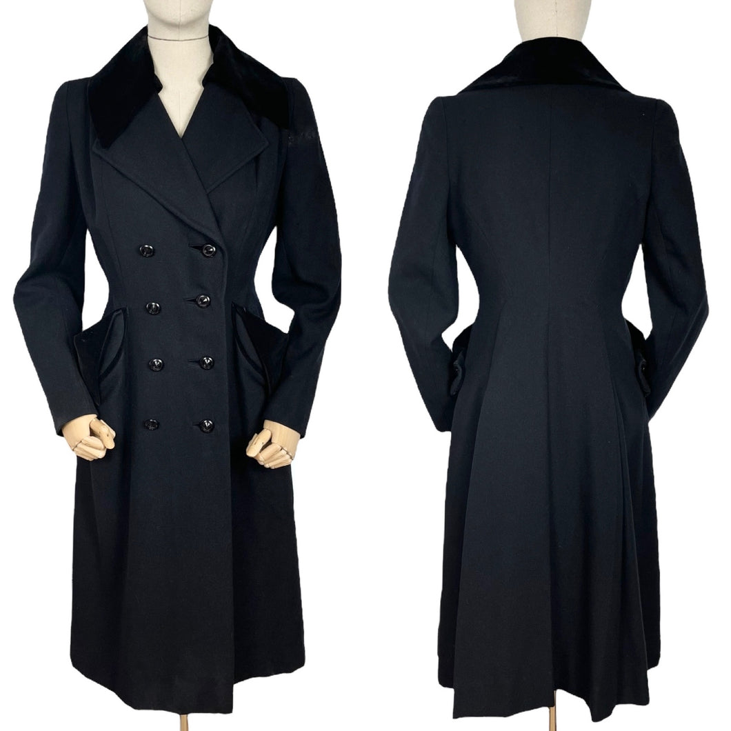 Original 1940's Zissman Model Black Wool Double Breasted Princess Coat with Velvet Collar and Pocket Detail - AS IS - Bust 38