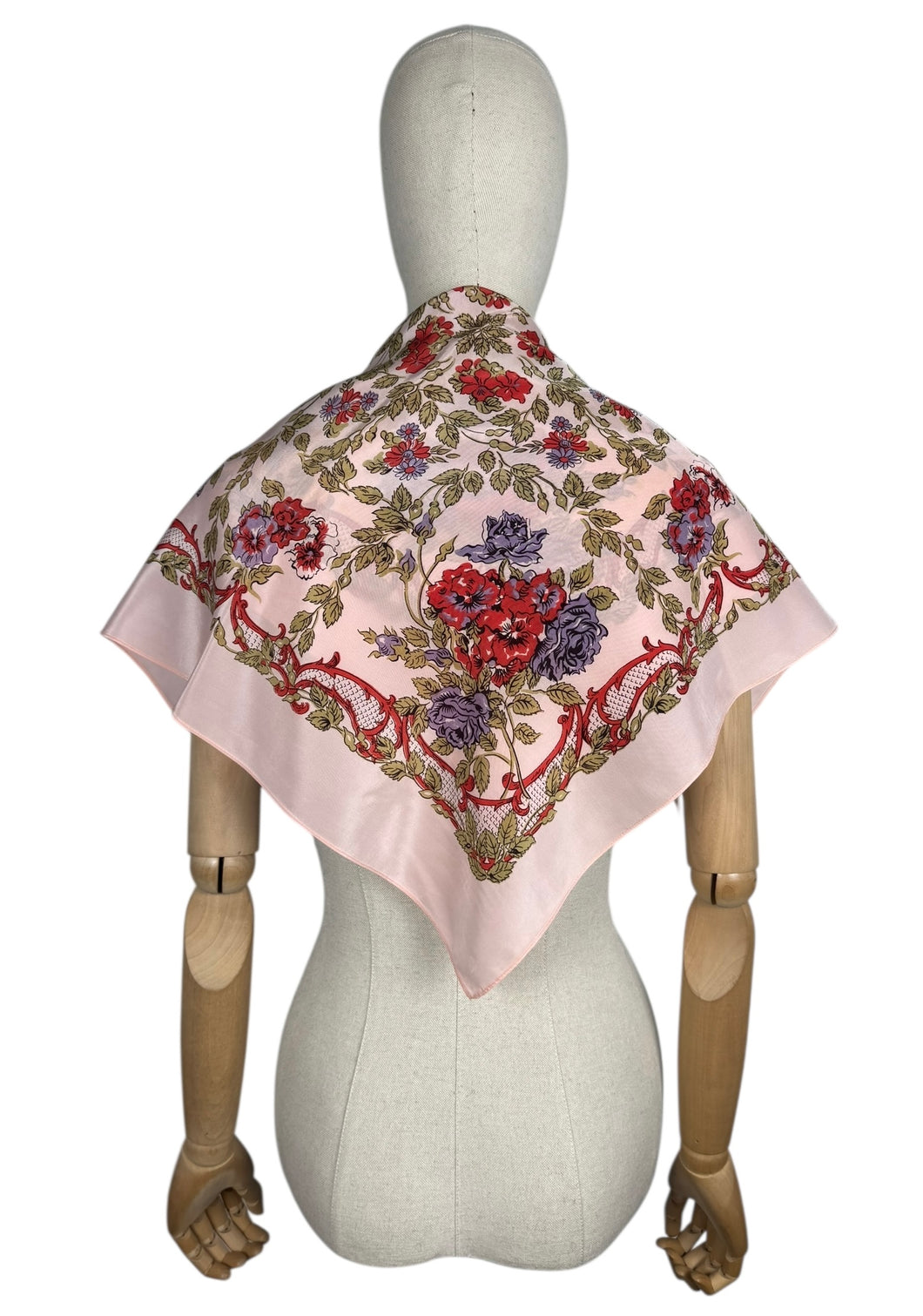 Original 1950's Pale Pink Rayon Scarf with Red, Purple and Green Floral Print - Great Headscarf