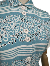 Load image into Gallery viewer, Original 1940&#39;s 1950&#39;s Blue, White and Black Stripe Cotton Floral Day Dress - Bust 36
