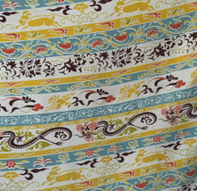 Load image into Gallery viewer, Original 1930's or 1940's Heavy Linen Novelty Print Chinese Dragon Dressmaking Fabric in Mustard, Rust, Chartreuse, Turquoise Blue and Black - 36" x 232" *
