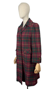 Original 1940's American Made Wool Plaid Coat in Burgundy, Green and Old Gold - Satin Lined - Bust 34 36