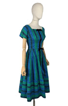Load image into Gallery viewer, Original 1950's Teena Paige Black, Blue and Green Stripe Cotton Day Dress with Velvet Bow Trim - Bust 34 *
