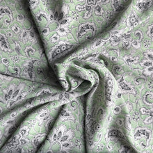 Load image into Gallery viewer, Original 1930&#39;s or 1940&#39;s Mint Green Crepe Dressmaking Fabric with White and Black Paisley Print - 35&quot; x 120&quot;
